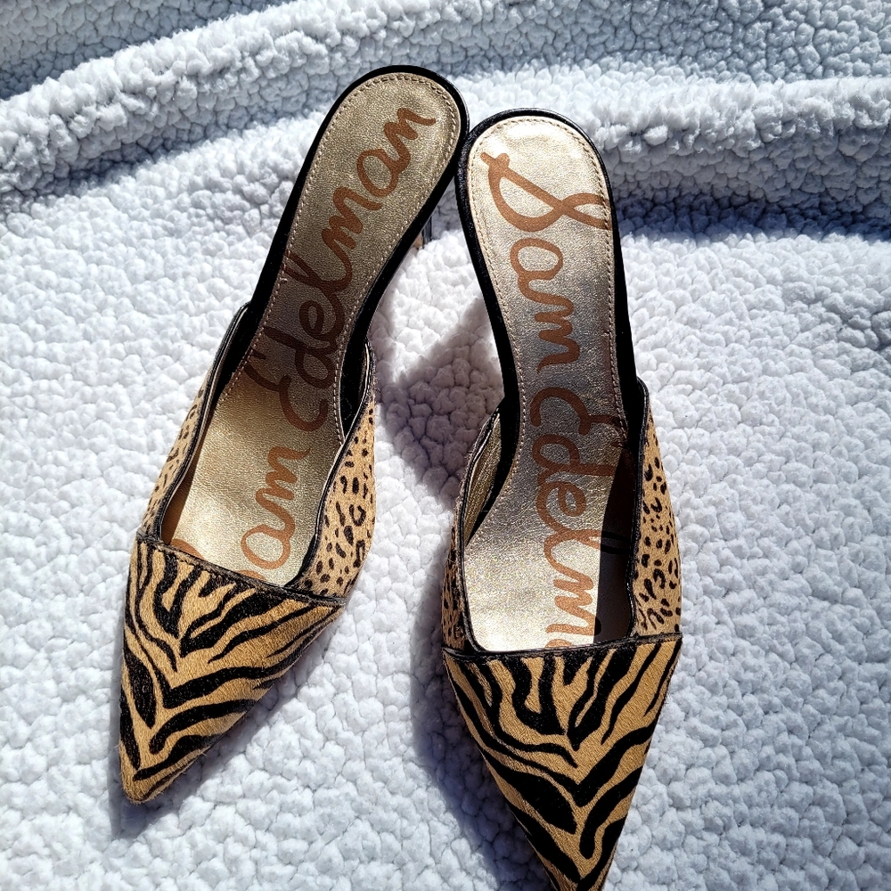 Sam Edelman genuine calf hair kitten heel mules